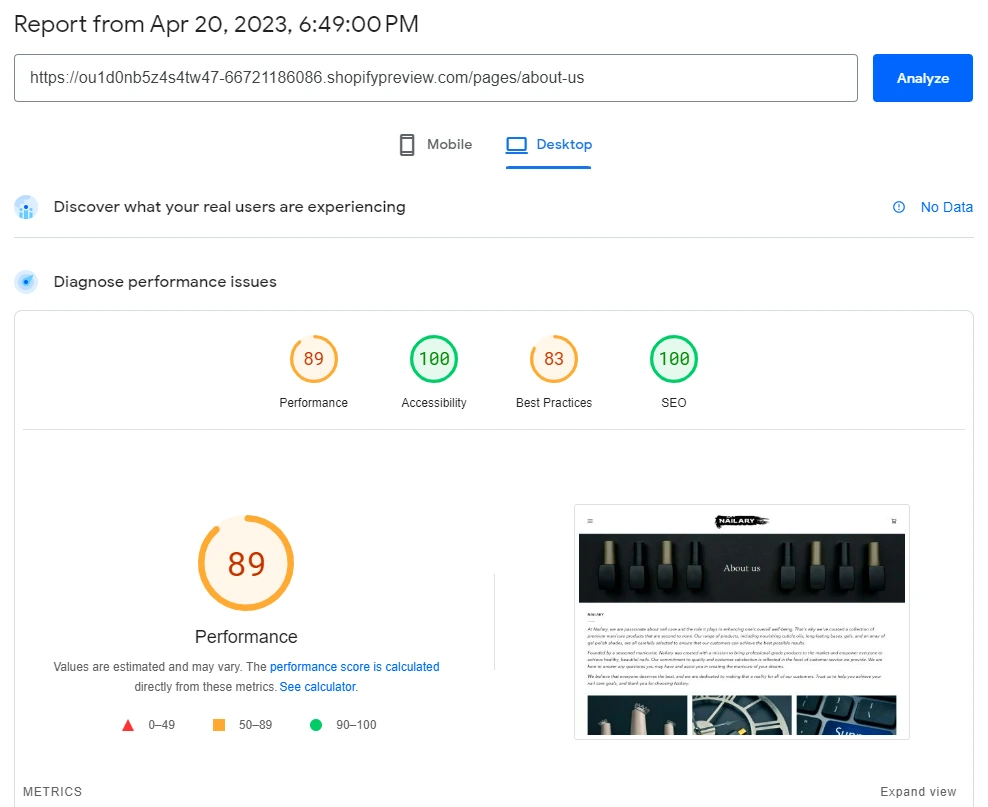 PageSpeed Insights Desktop report showing a performance score of 89.