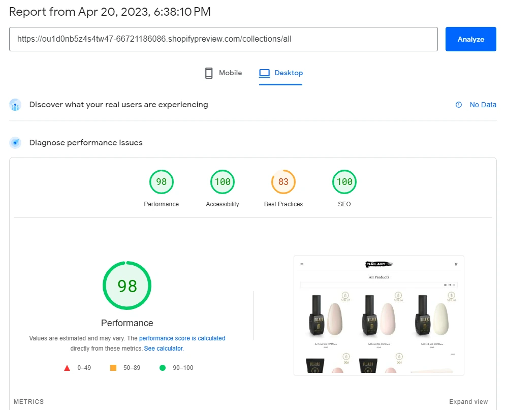 PageSpeed Insights Desktop report showing a performance score of 98