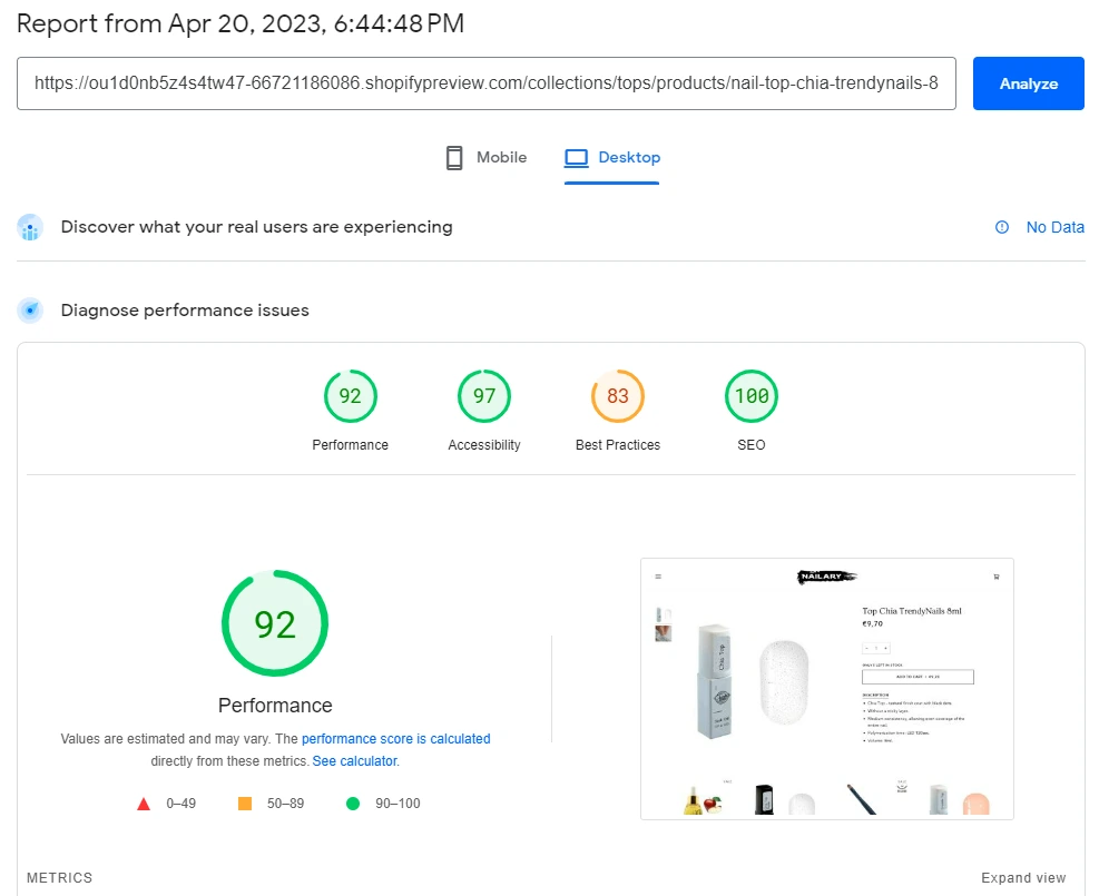 PageSpeed Insights report showing a performance score of 92, accessibility score, best practices score and SEO score.