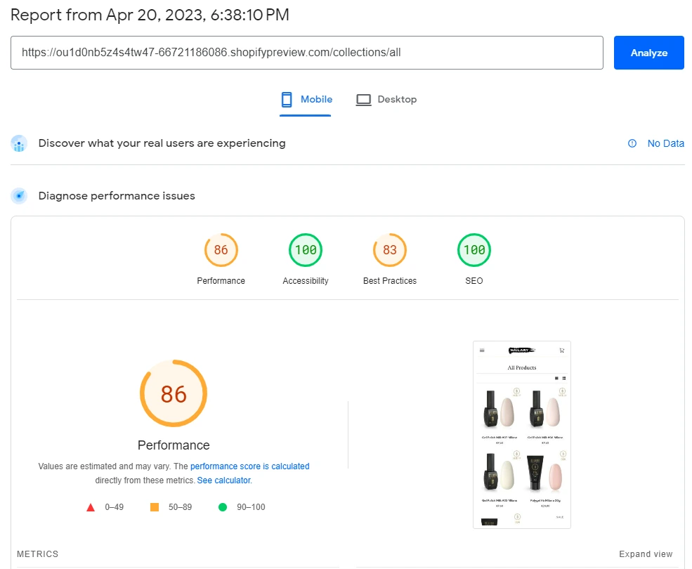 PageSpeed Insights analysis report showing performance score with a product catalog displayed below.