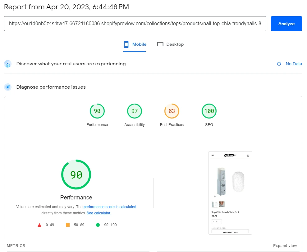 PageSpeed Insights report showing a performance score of 90, accessibility score, best practices score and SEO score.