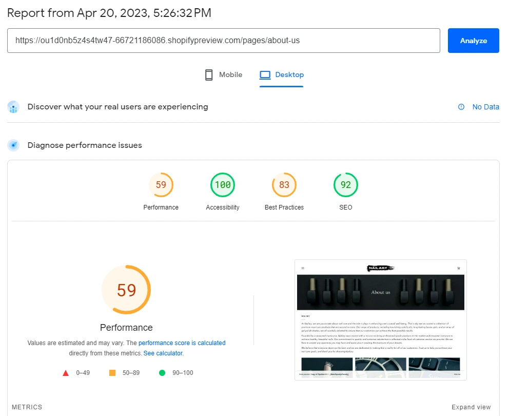 PageSpeed Insights Desktop report showing a performance score of 59.