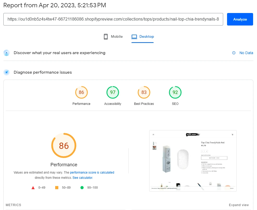 PageSpeed Insights report showing a performance score of 86, accessibility score, best practices score and SEO score.