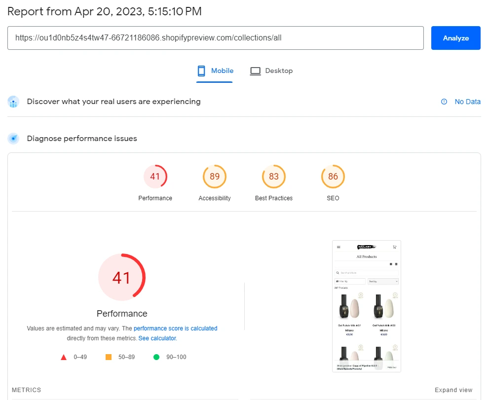 PageSpeed Insights Mobile report showing a performance score of 41.