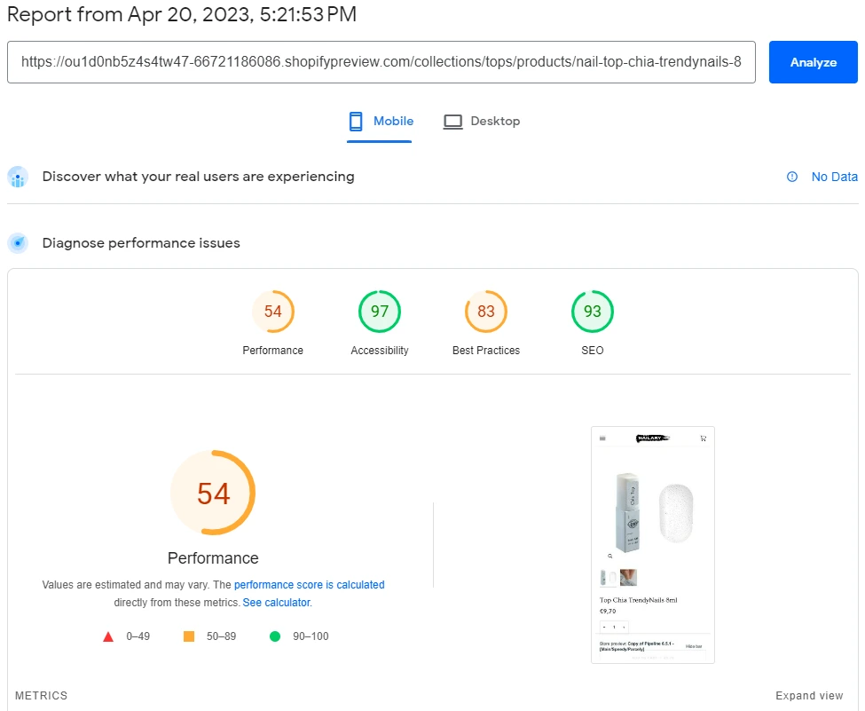 PageSpeed Insights Mobile report showing a performance score of 54.