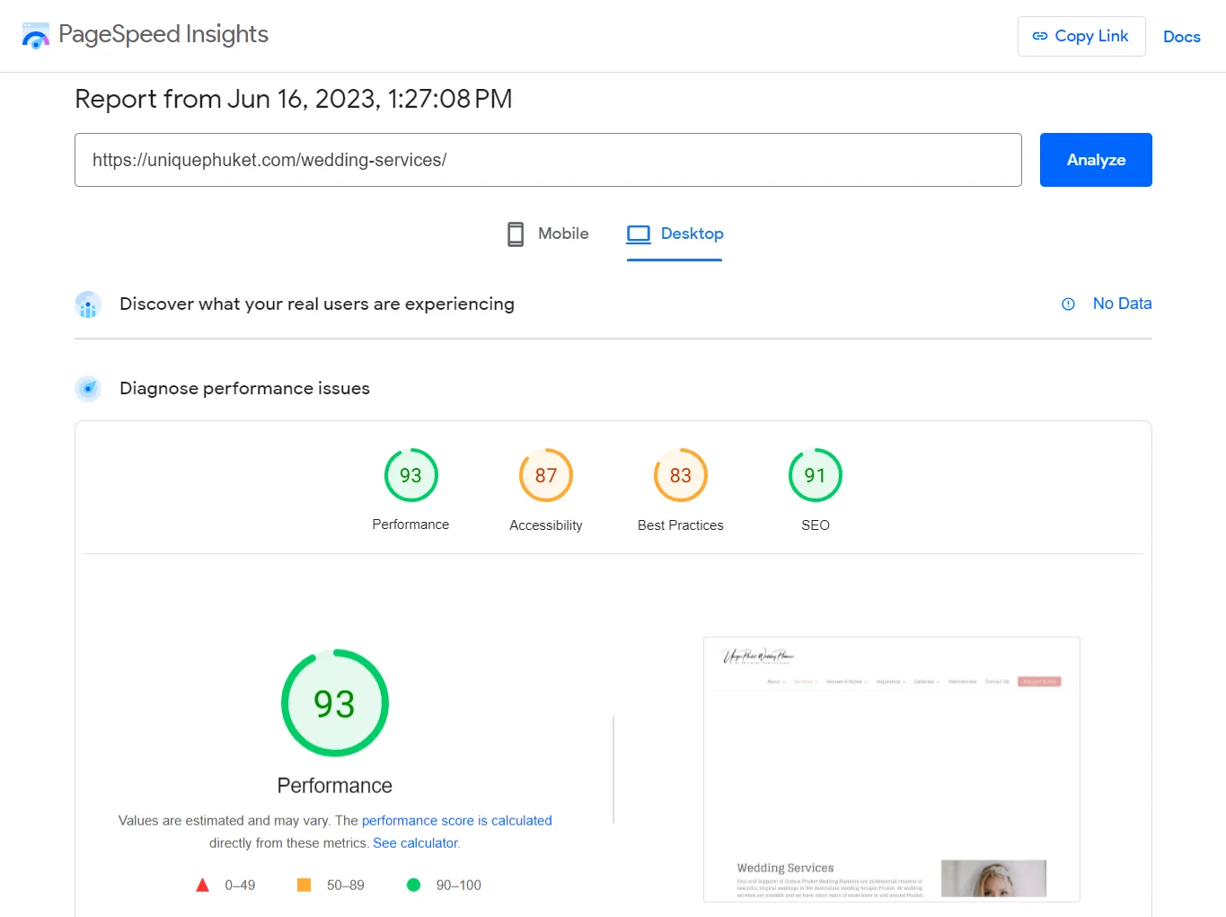 PageSpeed Insights Desktop report showing a performance score of 93