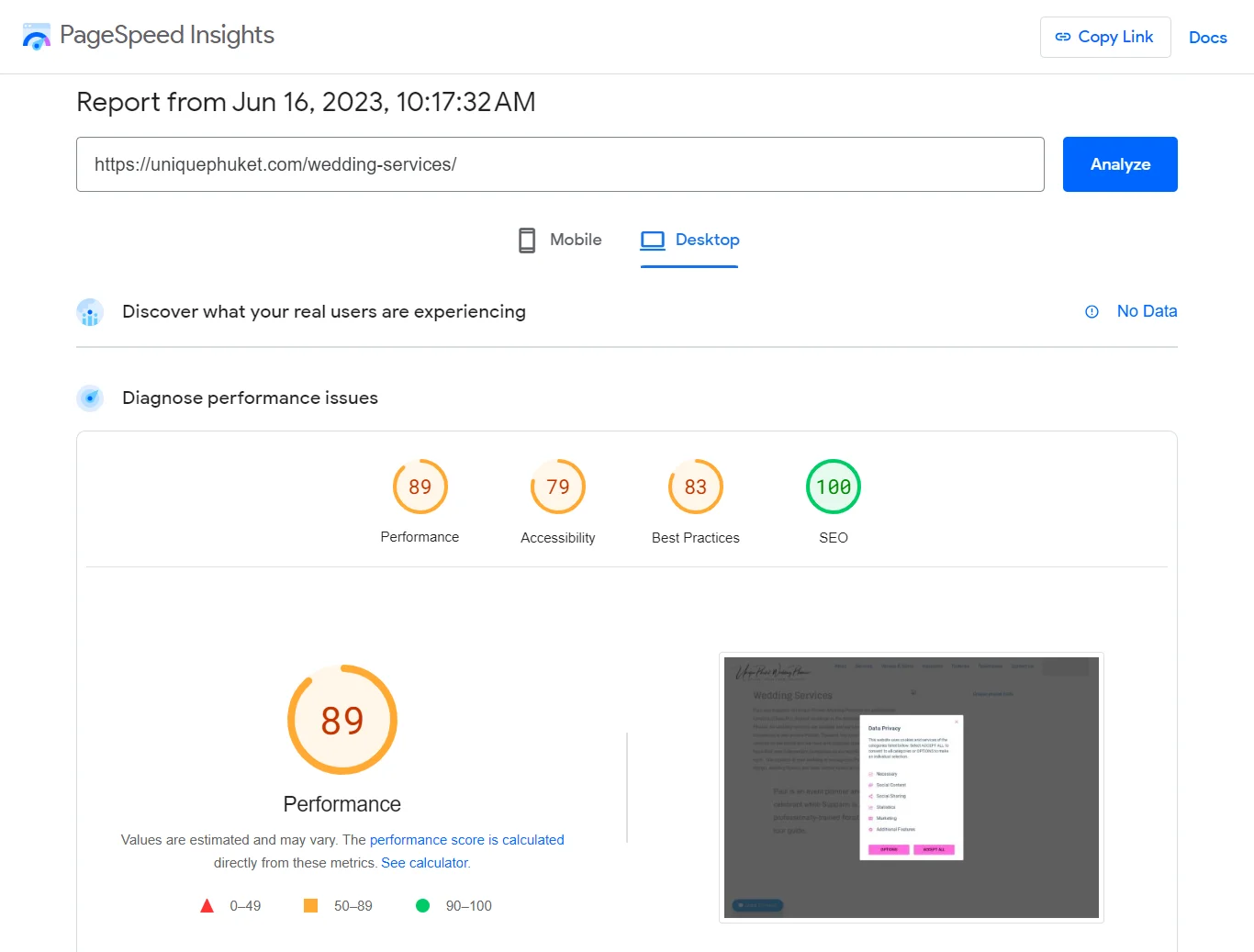 PageSpeed Insights report showing a performance score of 89, accessibility score, best practices score and SEO score.