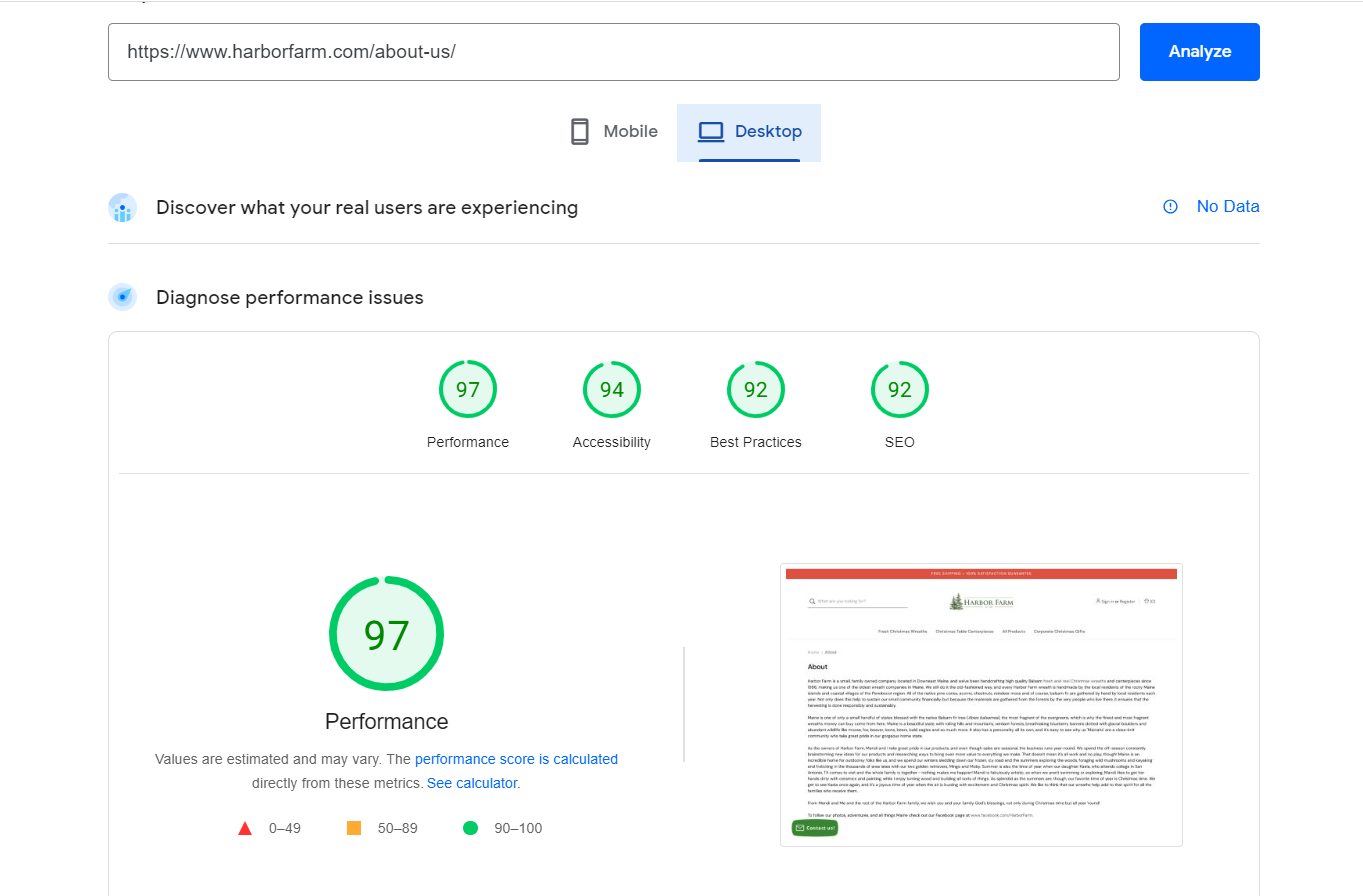 PageSpeed Insights Desktop report showing a performance score of 97.