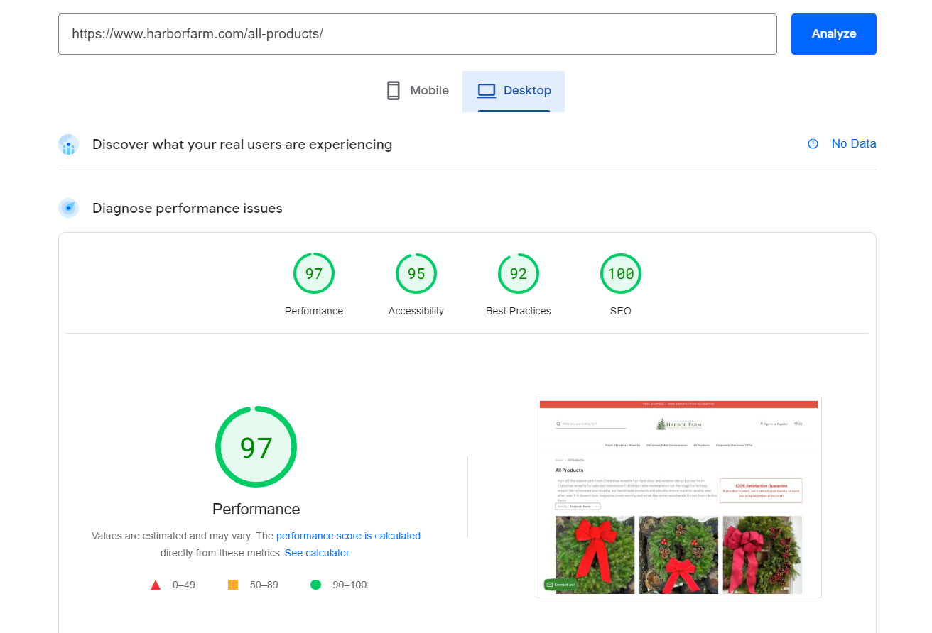 PageSpeed Insights Desktop report showing a performance score of 97