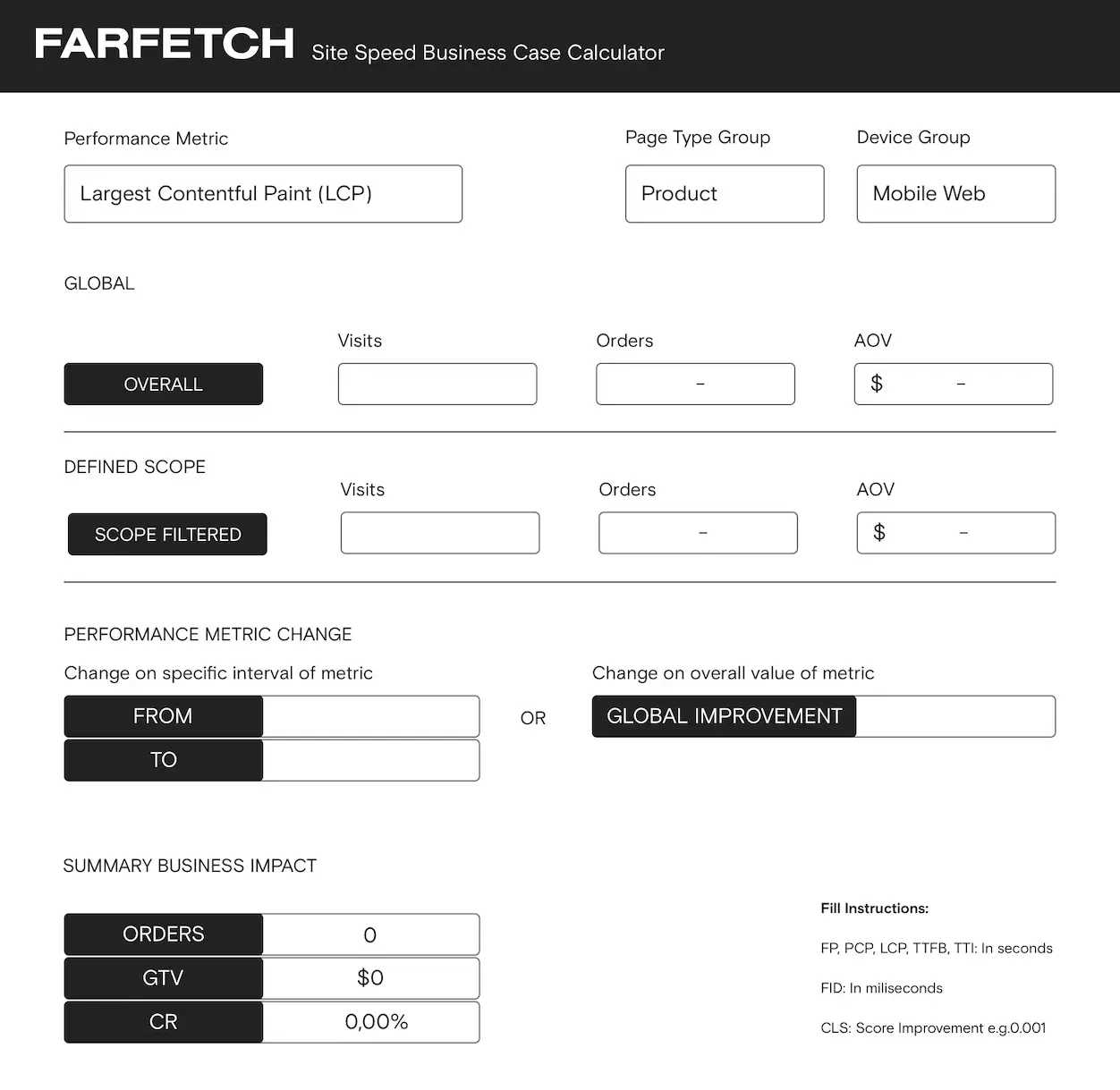 Website speed calculator showing input fields for metrics like LCP, visits, orders and average order value (AOV).