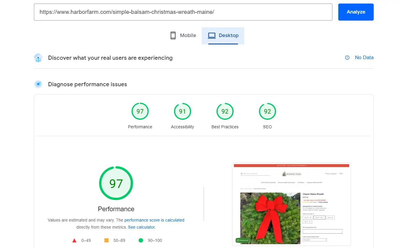 PageSpeed Insights report showing a performance score of 91, accessibility score, best practices score and SEO score.