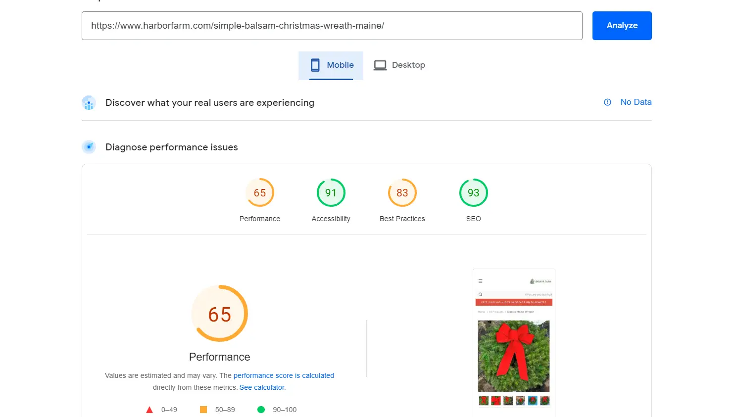 PageSpeed Insights Mobile report showing a performance score of 62.